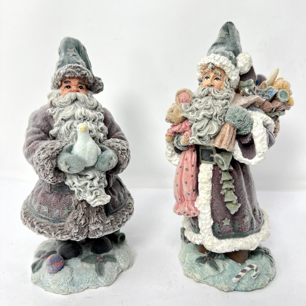 Vintage Holiday Workshop Santa Figurines Lot 2 Flocked Christmas Decor Gray